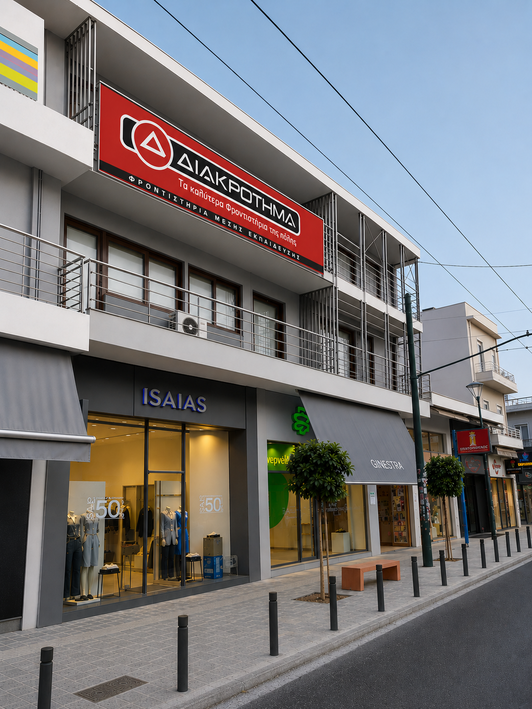 Το κτίριο και η εξωτερική όψη του εκπαιδευτικού κέντρου ΔΙΑΚΡΟΤΗΜΑ στο κέντρο του Χαλανδρίου.